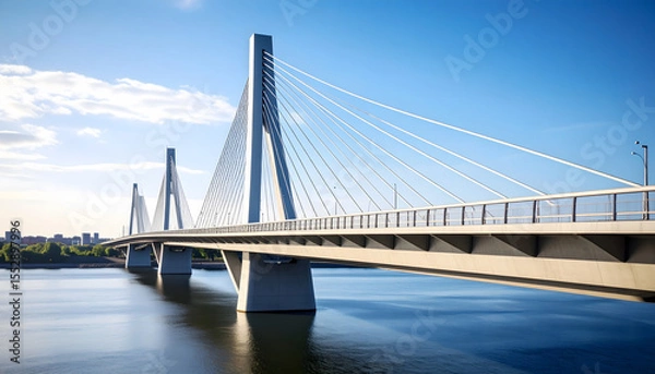 Obraz Modern cable-stayed bridge over calm water on a clear day