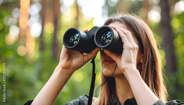 Obraz Person in background using binoculars to scan distant view.