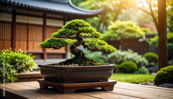 Obraz Tranquil Japanese garden with elegant bonsai tree on wooden bench and traditional architecture