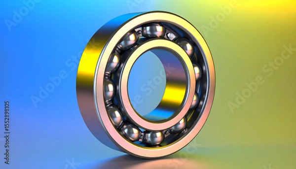 Obraz Metallic engine component with ball bearings on stand against vibrant rainbow background