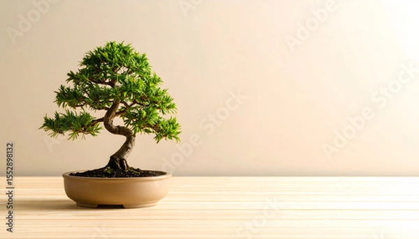 Obraz Serene miniature bonsai tree on wooden surface against light wall