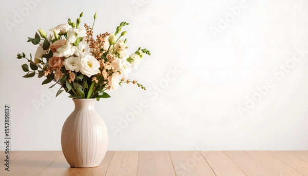 Obraz Elegant white and green flowers with pink accents in vase on wooden table against white wall