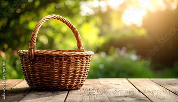 Obraz Rustic wicker basket on outdoor wooden table with serene sunlit greenery background