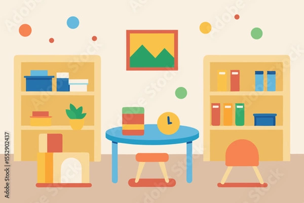 Obraz Bright and Playful Classroom Illustration Colorful Bookshelves and Learning Resources