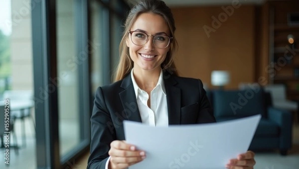 Obraz 
A confident and elegant businesswoman smiles while holding documents in a modern office, embodying success, professionalism, and leadership.