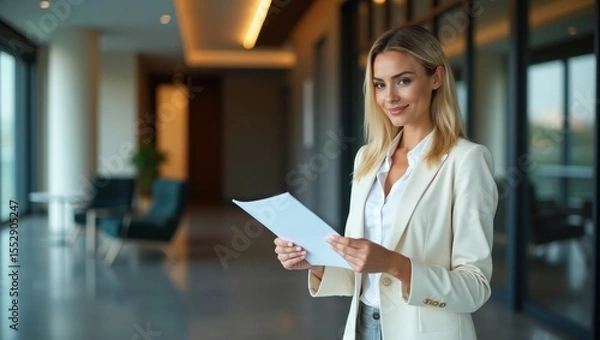 Obraz 
A confident and elegant businesswoman smiles while holding documents in a modern office, embodying success, professionalism, and leadership.