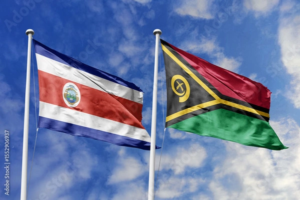 Fototapeta Flags of Costa Rica and Vanuatu Waving Harmoniously Under a Clear Blue Sky, Symbolizing Diplomatic Relations and Island Connections.