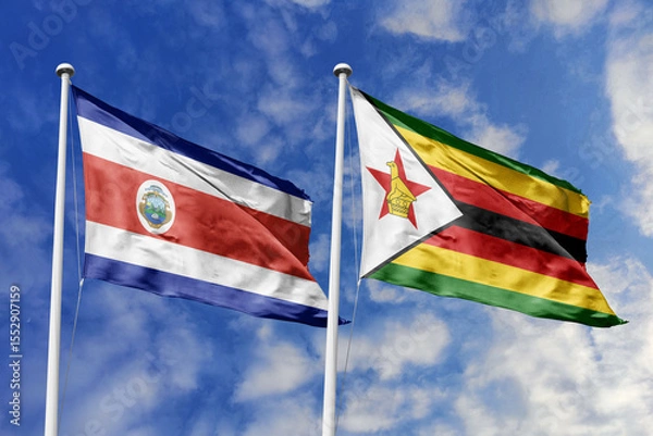 Fototapeta Flags of Costa Rica and Zimbabwe Waving Against a Clear Blue Sky with Clouds, Symbolizing Diplomatic Ties and Global Connections.