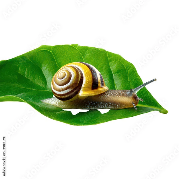 Fototapeta Golden Snail Crawling Green Leaf isolated on a transparent background 1