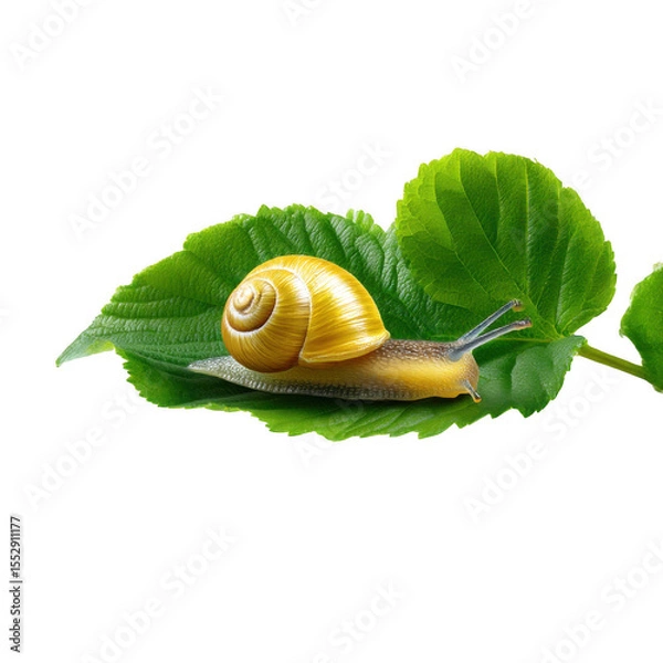 Fototapeta Golden Snail Crawling on Green Leaf isolated on a transparent background