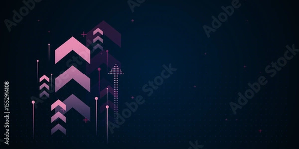 Fototapeta A futuristic digital arrow up on dark background showcases multiple pink arrows pointing upward, symbolizing financial growth advancement vector illustration