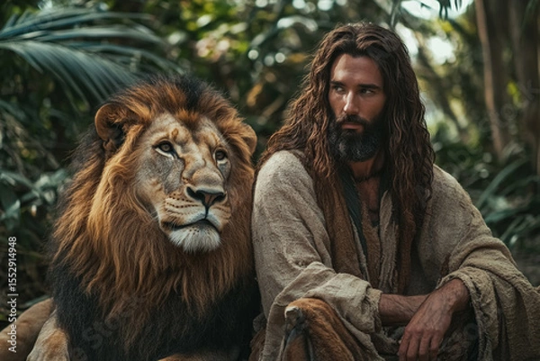 Fototapeta Jesus Christ standing beside a lion in lush jungle with long hair and beard