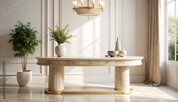 Obraz Console table in sand-colored stone with chamfered edges and matte finish, anchored in a softly lit sculptural setting.