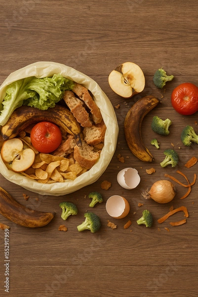 Obraz Assorted wasted food and rotting produce scattered near open garbage bag on wooden table