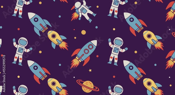 Fototapeta Cartoon Style Space Adventure Seamless Pattern with Astronaut and Rocket