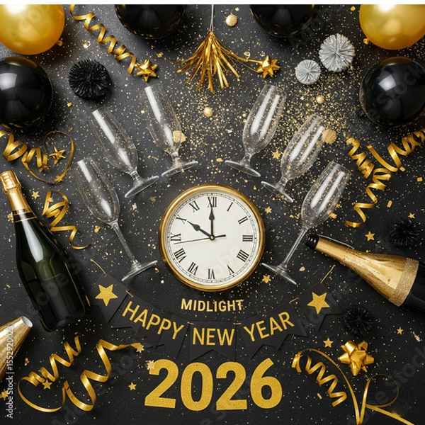 Fototapeta Antique clock dial showing the New Year  2026  at midnight with gold retro hour hands and Roman numeral face