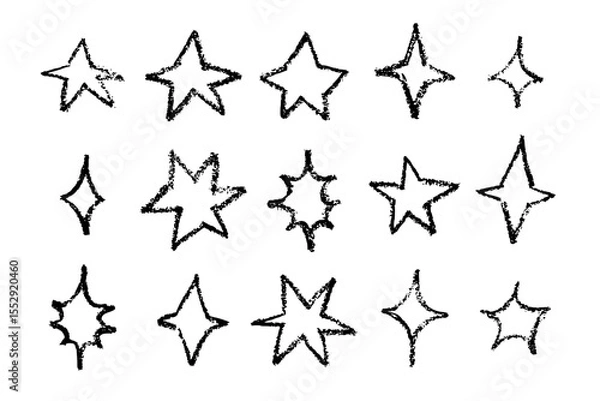 Fototapeta Crayon stars vector icon set. Hand drawn texture, chalk childish twinkle shapes.