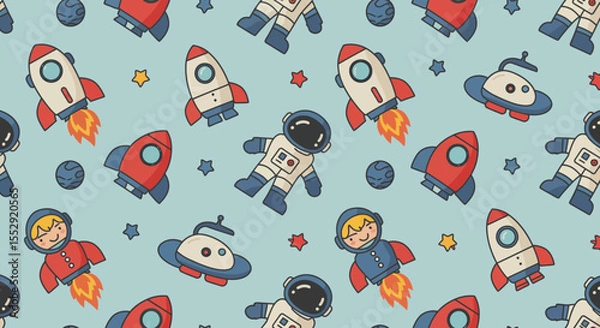 Fototapeta Cartoon Style Detailed Space Elements Seamless Pattern for Textile Design