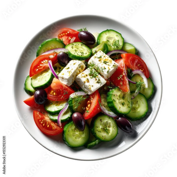 Fototapeta Vibrant Greek Salad Feta Cheese Cucumbers Tomatoes isolated on a transparent background 1