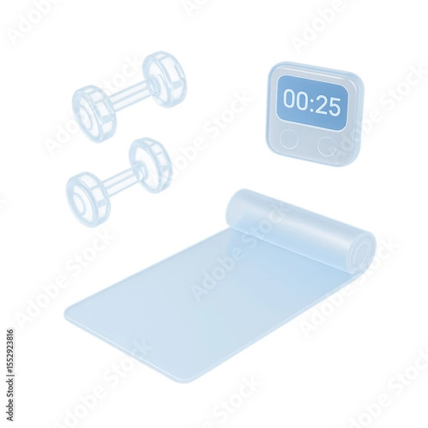 Fototapeta Workout Essentials: An isometric view of fitness equipment, including dumbbells, a yoga mat, and a digital timer, epitomizing a routine fitness regime.