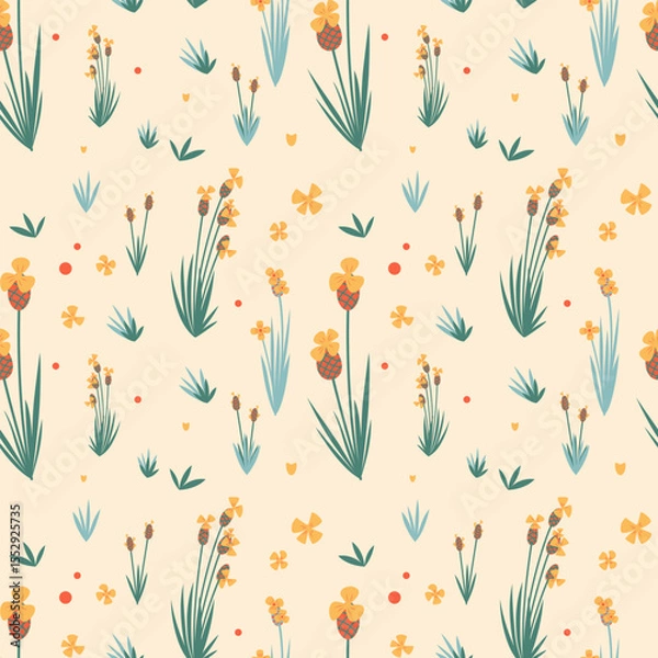 Fototapeta Seamless vector floral pattern with colorful flowers and green leaves, ideal for decorative design projects, arts and design use.
