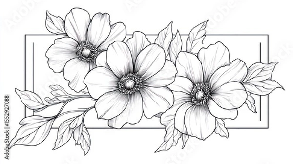Fototapeta Floral line art design; black and white flowers, leaves and branches in a decorative frame.  Suitable for print, posters, or digital art
