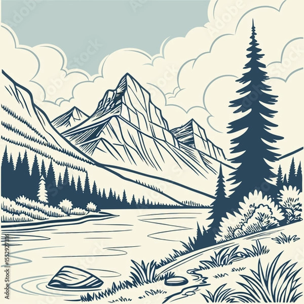 Obraz Serene Mountain Landscape with Lake Trees and Cloudy Sky in Vector Art