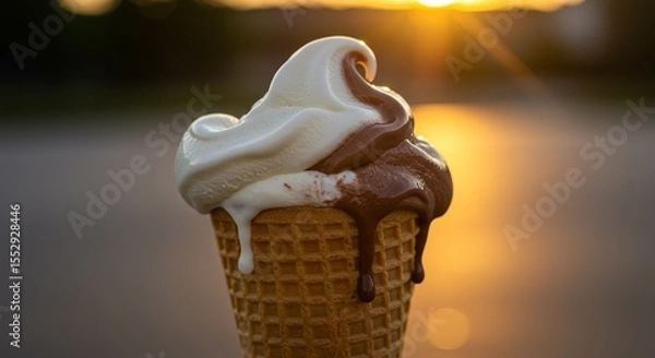 Fototapeta Creamy Ice Cream Cone - Decadent Dessert & Rustic Waffle Texture AI-Generated  