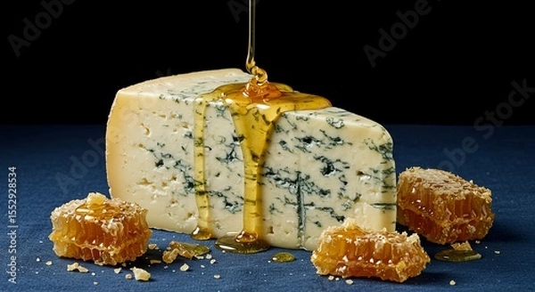 Fototapeta Indulgent Blue Cheese - Honey-Drizzled Wedge with Crumbled Honeycomb on Sapphire Backdrop AI-Generated  