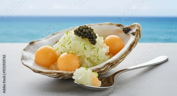 Fototapeta Luxury Seashell Dessert - Citrus & Sorbet in Oyster Shell with Caviar Garnish by Ocean AI-Generated  