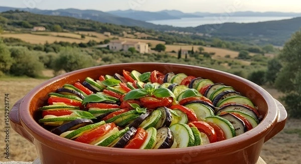 Fototapeta Rustic Ratatouille - Layered Roasted Vegetables in Terracotta Bowl with Countryside Vista AI-Generated  