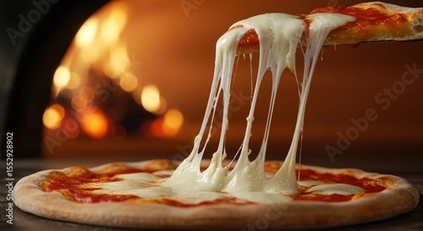 Fototapeta Mouthwatering Pizza Perfection - Stretchy Cheese Pull on Golden Crust with Warm Bokeh Lights AI-Generated  