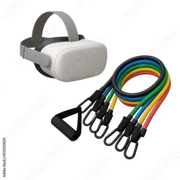 Fototapeta VR Headset and Resistance Bands: a state-of-the-art virtual reality headset paired with a set of resistance bands.