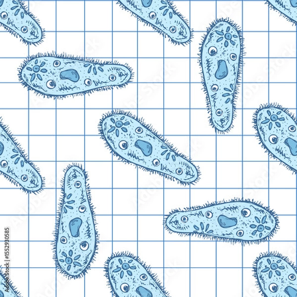 Fototapeta Hand drawn vintage seamless pattern of blue paramecium microorganisms on grid notebook background, vector science illustration