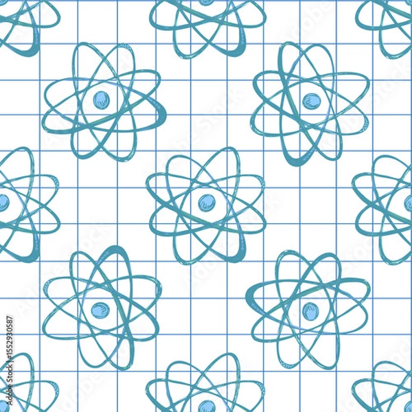 Fototapeta Hand drawn seamless pattern of atomic model sketch in blue color on grid notebook background, vector illustration