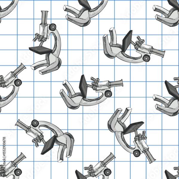 Fototapeta Hand drawn vintage seamless pattern of scientific microscopes in grayscale on grid notebook background, vector illustration