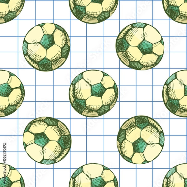Fototapeta Hand drawn vintage seamless pattern of soccer balls in yellow and green on grid notebook background, vector sketch