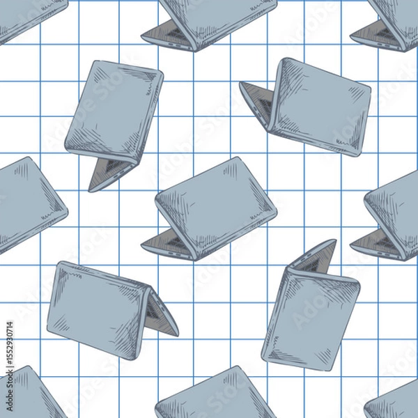 Fototapeta Hand drawn vintage seamless pattern of laptop computers in color on grid notebook background for school and tech