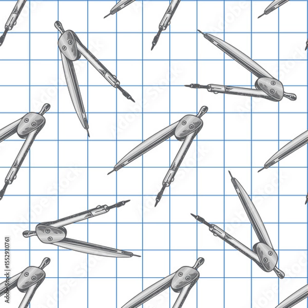 Fototapeta Hand drawn vintage seamless pattern of metal compass for geometry on blue grid notebook background, gray illustration