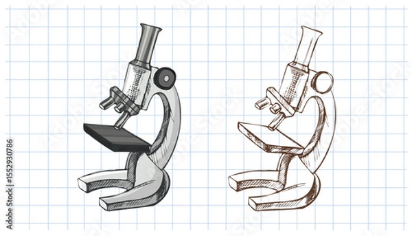 Fototapeta Hand drawn vintage sketch of classic microscope in grayscale and monochrome version on grid notebook background