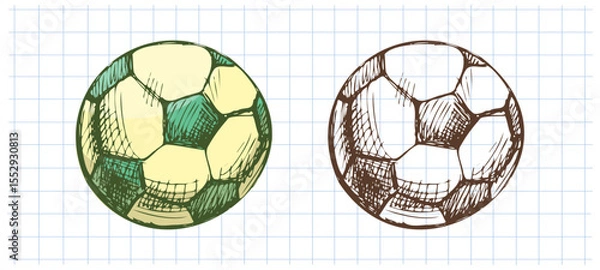 Fototapeta Hand drawn vintage sketch of classic soccer ball set in color and monochrome on grid notebook background