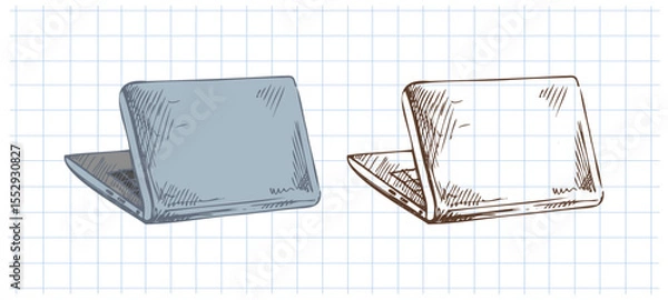 Fototapeta Hand drawn vintage sketch of open laptop computer in blue color with notebook grid, set with monochrome version