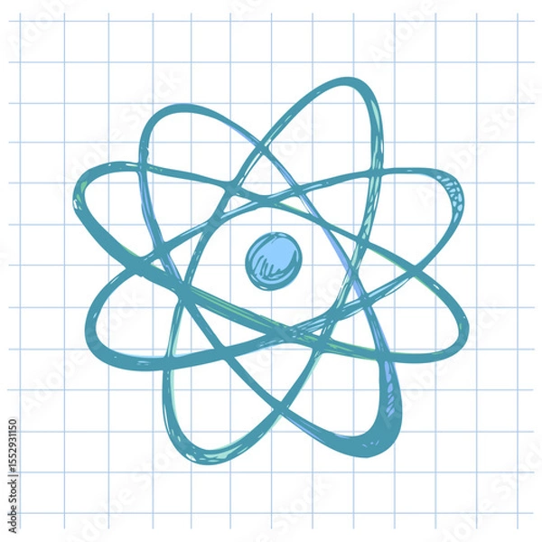 Fototapeta Hand drawn vintage sketch of single atomic model in blue color on grid notebook background, vector illustration
