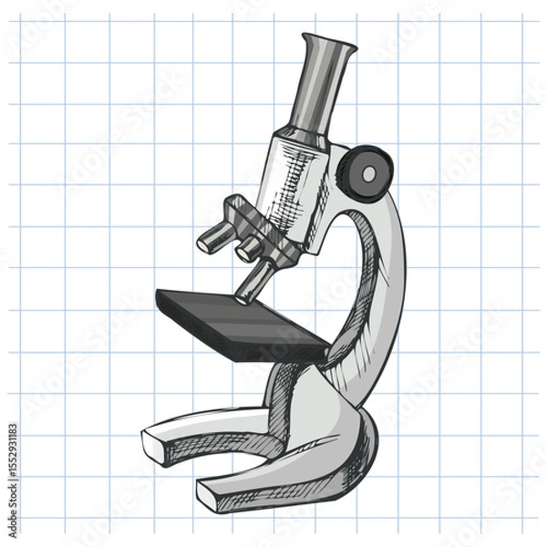 Fototapeta Hand drawn vintage sketch of grayscale scientific microscope on grid notebook background, isolated vector illustration for school