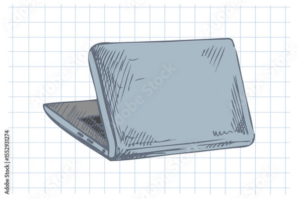 Fototapeta Hand drawn vintage sketch of school laptop in blue color with notebook grid, set with monochrome version