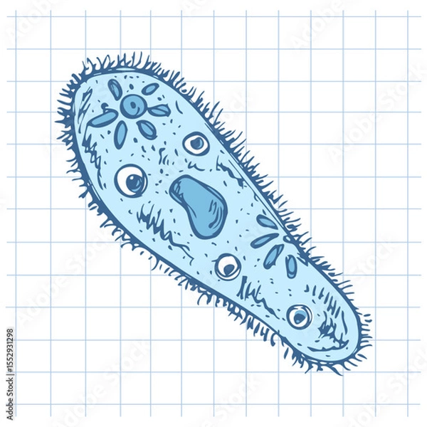 Fototapeta Hand drawn vintage sketch of single paramecium microorganism in blue color on grid notebook background, vector illustration