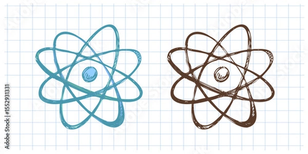 Fototapeta Hand drawn vintage sketch of atomic model in blue and brown color on grid notebook background, vector illustration set