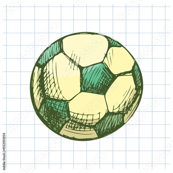 Fototapeta Hand drawn vintage sketch of classic soccer ball in yellow and green on grid notebook background, vector illustration