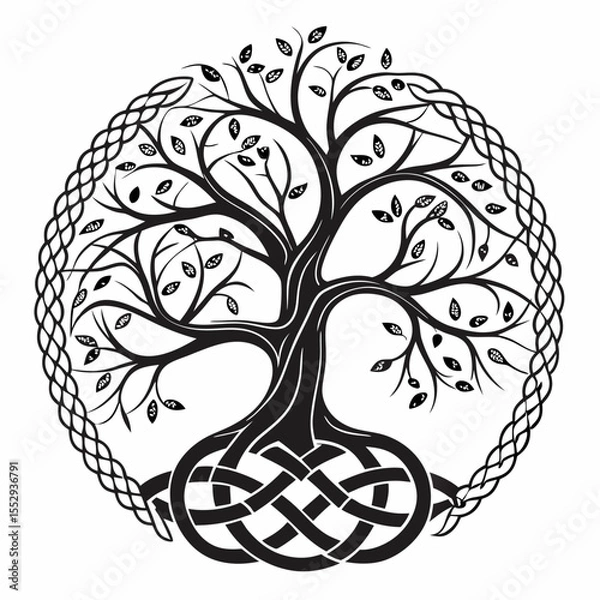 Obraz Black and White Celtic Tree of Life with Intricate Knotwork Border