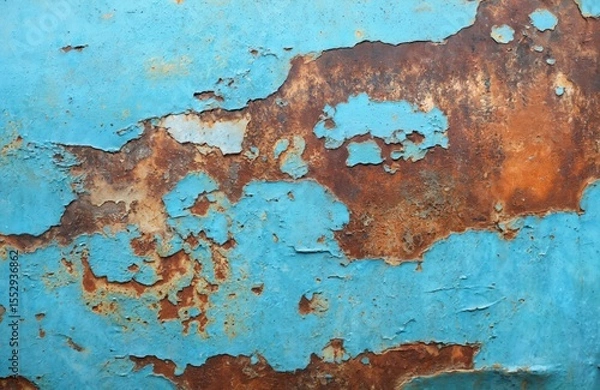 Fototapeta Grunge painted metal texture featuring rust patterns with blue paint peeling off. Old junk car body with rough surface. Gritty rusty background, good for decay abandoned concept. Weathered metal